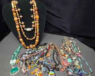 Approx. 18 Handcrafted Costume Jewelry Necklaces w Wood or Iridescent Dichroic Art Glass Beads