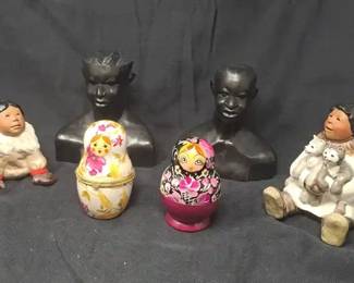 Mixed 6Piece Lot of Ethnic Folk Artstyle Figurines Incl. Busts, Character Figures, Nesting Dolls