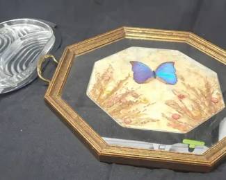 Lot Of 2 Vintage Serving Trays Mirrored Butterfly Tray Divided Glass Server