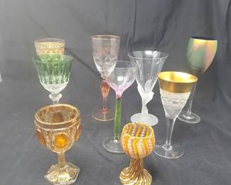 Assorted 9Piece Crystal and Art Glass Stemware Collection Incl. Wine Glasses and Goblets