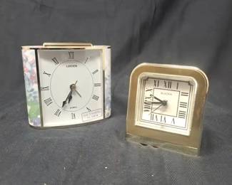 Two 2 Vintage Quartz Tabletop Alarm Clocks w Roman Numeral Dials, by Bulova and Linden