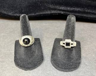 Lot Of 2 Sterling Silver Black Onyx Rings Round Bezel Art DecoStyle Geometric