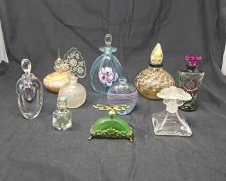 Collection Of 10 Decorative Art Glass Perfume Bottles in a Variety of Styles and Techniques