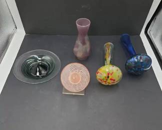 Mixed Lot of Five 5 Decorative Art Glass Pieces Incl. Perfume Bottle, Bowl, Vase, and Sock Darners
