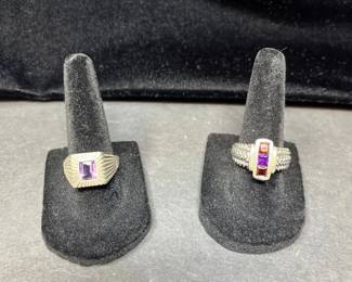 Lot Of 2 Sterling Silver Purple Gemstone Rings Geometric MultiStone Designs