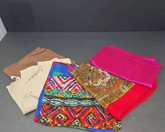 Lot of Five 5 Vintage Fashion Scarves in Assorted Colors, Fabrics, and Patterns