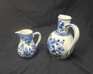 Two 2 De Porceleyne Fles Holland, aka Royal Delft, Blue and White Floral Pottery Pitchers