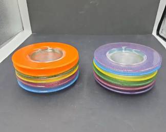 Set of Twelve 12 Textured Glass Plates w Clear Centers and Colored Rims, Approx. 5 1 2 Dia.