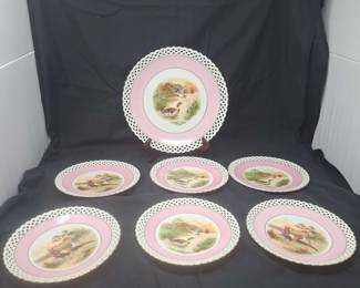 Sevenpiece Set of Schumann Arzberg Hand Painted Porcelain Game Bird Plates w Reticulated Rims
