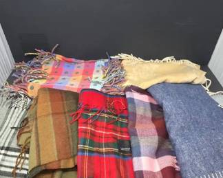Lot of Seven 7 Wool Scarves Featuring a Mix of Plaids, Checks, and Solids