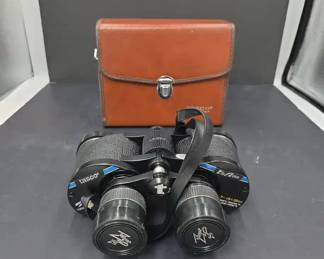 Pair of Vintage Tasco Zip 7 Zoom Binoculars with Brown Leather Carrying Case