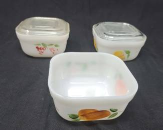 Lot of Three 3 Vintage Fire King Refrigerator Dishes Oven Ware with Colorful Fruit Designs