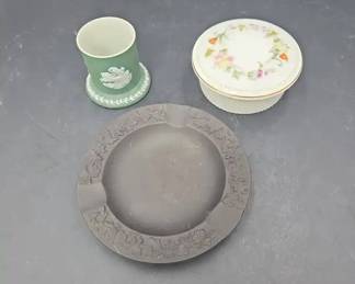 Three 3 Pieces of Vintage Wedgwood Small Jasperware Vessel, Basalt Ashtray, Porcelain Trinket Box