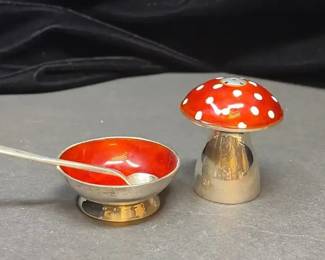 Mexican Sterling Silver 925 Mushroom Pepper Shaker Salt Cellar With Spoon