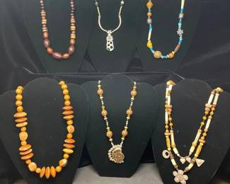 Collection Of 6 Boho Beaded Necklaces AmberTone, Wood, Turquoise Mixed Materials