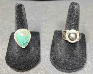 Lot Of 2 Sterling Silver Rings Turquoise Teardrop Black PearlStyle Statement Ring