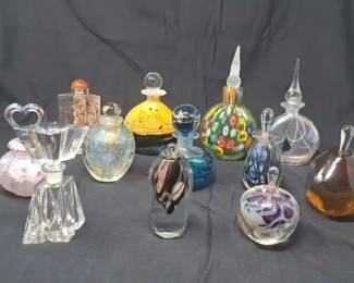 Collection of 12 Decorative Art Glass Perfume Bottles in a Variety of Patterns and Techniques