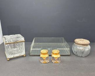 5Piece Lot of Vintage Pressed and Cut Crystal Vanity or Dresser Accessories