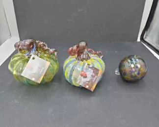 Three 3 Hand Crafted Multicolored Glass Ornaments by Luke Adams, Two w Original Hang Tags