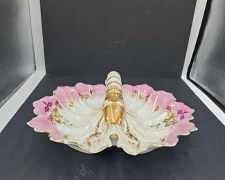 Antique Hand Painted Porcelain Divided Serving Dish w Gilded Lobster Handle, Likely German, 13 W