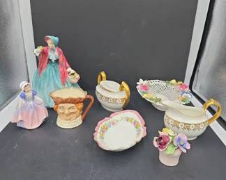 Mixed 8Piece Lot of English Porcelain Incl. Figurines, Character Jug, Serving Decorative Items