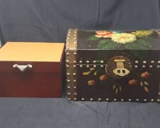 Lot Of 2 Decorative Jewelry Keepsake Storage Boxes Floral Wood Designs