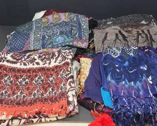 Large Collection of Fashion Scarves, Wraps, and Shawls in Assorted Fabrics and Patterns