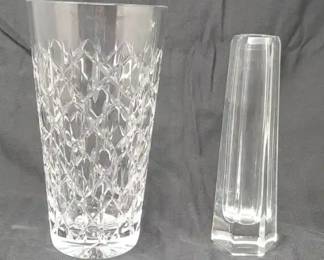 2 Tiffany Clear Crystal Vases, One Cylindrical w Geometric Pattern, the other an Hexagonal Bud Vase