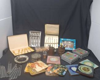 Large Vintage Cocktail Barware Lot Incl. Utensil Sets, Decorative Coasters Other Accessories