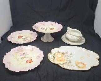 Lot of Five 5 Vintage Hand Painted Limoges Serving Pieces Incl. Plates, Cake Stand, and Gravy Boat