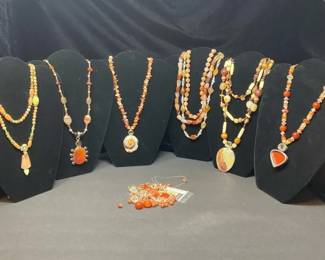 Six 6 Assorted Orange, Amber EarthTone Beaded Necklaces w Additional Loose Beads Charms