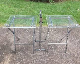 Vintage Set of Two 2 Acrylic Folding Tray Tables w Polished Chrome XLeg Base, and Storage Rack