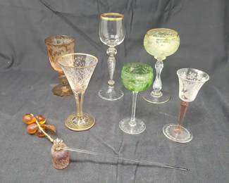 Collection of Eight 8 Handblown, Cut, and Etched Art Glass Stemware and Objects