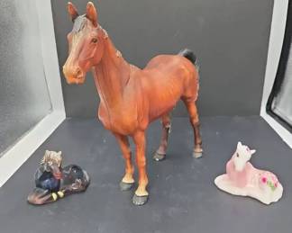 Three Vintage Horse Figurines Incl. Two Reclining Examples in Glass by C. Smith, and Fenton
