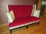 Hickory Red velveteen Settee With Mahogany Frame, Decorative Pillows included.