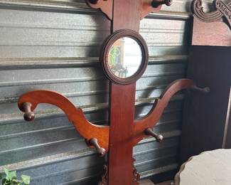 Antique Victorian Wooden Hall Tree with Mirror