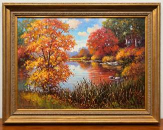 Don Langford Autumn Pond Signed Original Landscape Painting in Ornate Gold Frame
