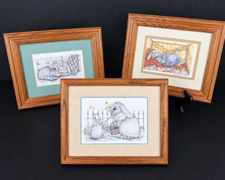 Sue B. Rupp Signed  Numbered Whimsical Rabbit  Cat Prints