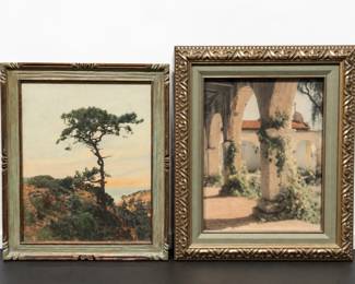 Pair of Framed Scenic Art Prints  Coastal Tree  Spanish Mission Courtyard