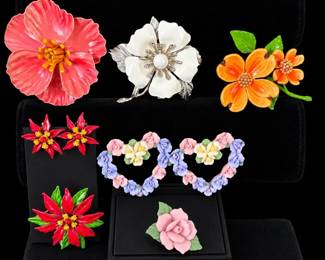 Floral Pin  Brooch Collection with Roses, Hearts  Poinsettia ClipOn Earrings