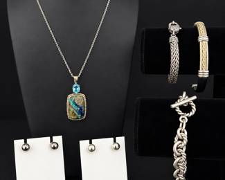 Sterling Silver Jewelry Collection with Gemstone Pendant, Bracelets  Stud Earrings, 123.28g Total