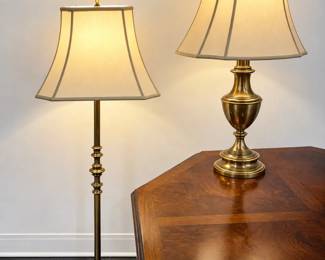 Brass Tone Traditional Floor Lamp  Table Lamp Pair with Fabric Shades  Working