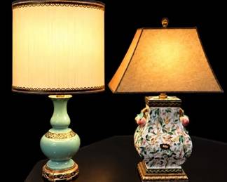 Decorative Ceramic Table Lamp Pair  Green  Gold and Bird  Fruit Designs