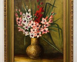 Signed J. Bivens Floral Still Life Original Painting in Ornate Gold Frame