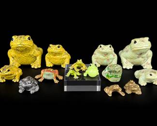Vintage Frog Figurine Collection Ceramic, Glass, Brass  Pearlite