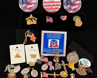 Religious  Patriotic Pin Collection with Crosses, Angels, Medals  Flags