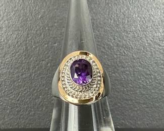 18K Yellow Gold Trim  Sterling Silver TwoTone Purple Gemstone  Clear Accent Statement Ring, 8.56g