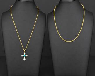 Two 14K Gold Necklaces Rope Chain  Iridescent Cross Pendant5.06g