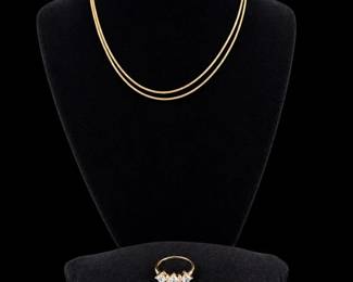 14K Gold Long Chain Necklace 6g, 14K CZ Ring