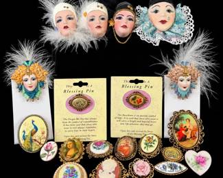 Decorative Pin  Brooch Collection with Feathered Faces, Cameo  Floral Designs